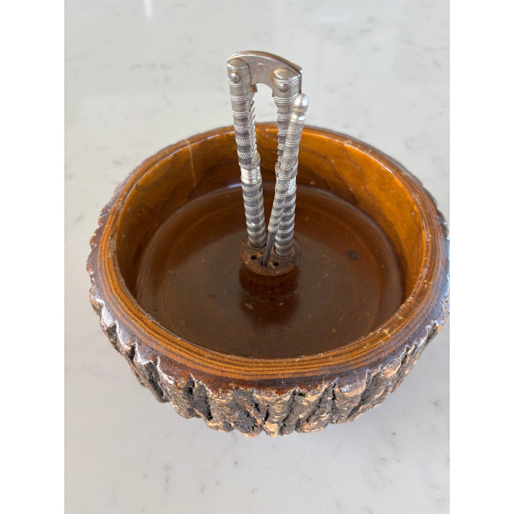 Vintage Live Edge Wood Nut Bowl Set with Metal Nutcracker and Pick Rustic Bark